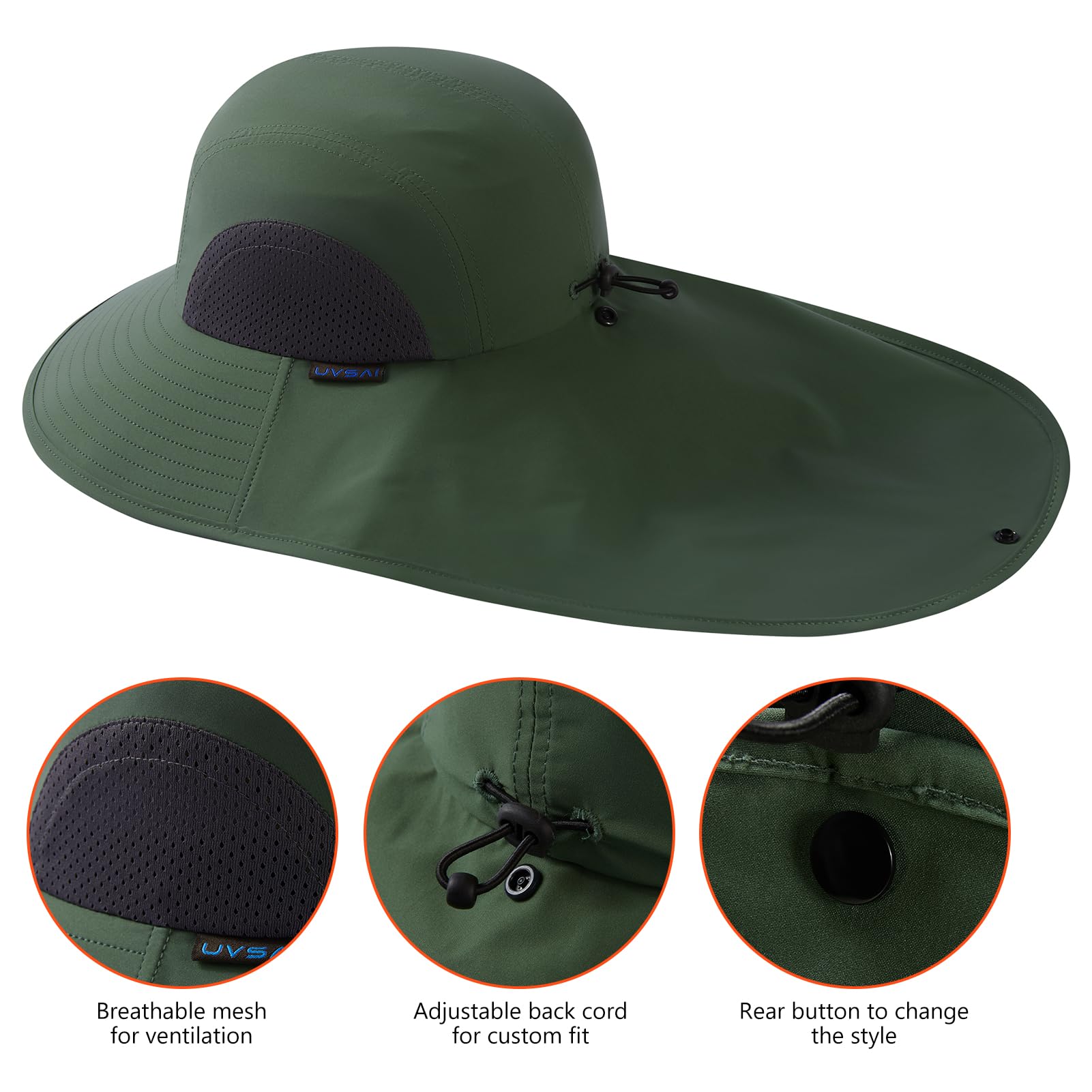 UVSAI UPF 50+ Foldable Sun Hats Wide Brim with Large Neck Flap for Men Women UV Protection Gardening Fishing Beach Hat Green