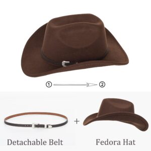 Felt-Fedora Western-Cowboy-Hat for Women-Men with Gus-Buckle-Belt Bling-Rhinestone Rolled-Up Brown Jazz Retro Panama Rodeo-Cowgirl-Hats M