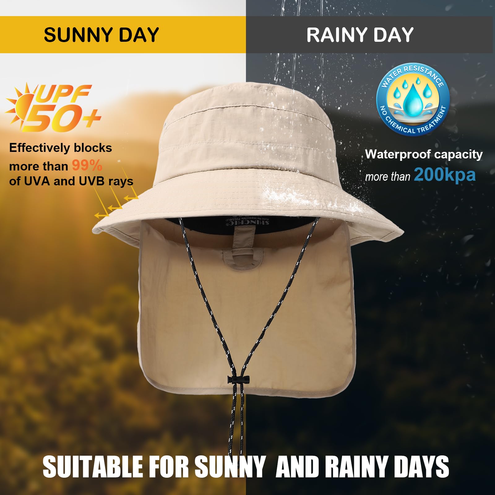 Waterproof Sun Rain Hat for Women Wide Brim UPF50+ UV Protection Packable Men Bucket Safari Fishing Hat with Neck Flap