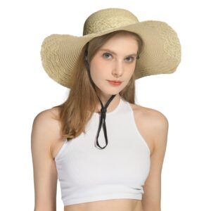 Harikery Womens Sun Straw hat Wide Brim UPF 50+ Packable Foldable Summer Beach hat for Women with Wind Lanyard Cream