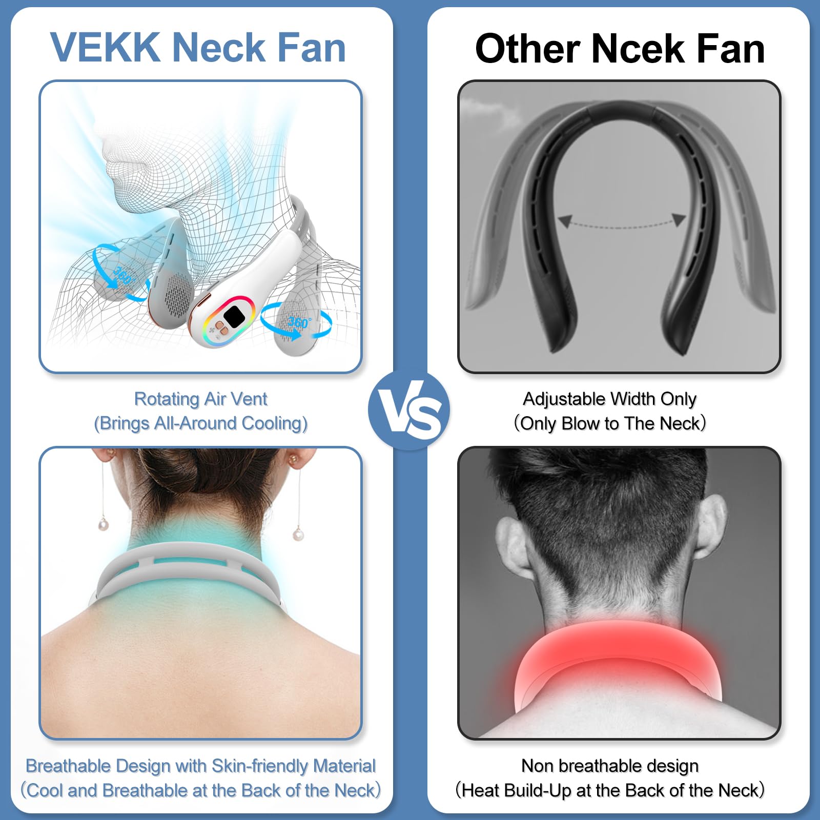 VEKK Portable Neck Fan 360° Wind Direction Adjustment Bladeless Fan, 6000 mAh Battery Operated Wearable Personal Fan， Flexible Cooling Fan for Outdoor & Indoor Activities and Travel