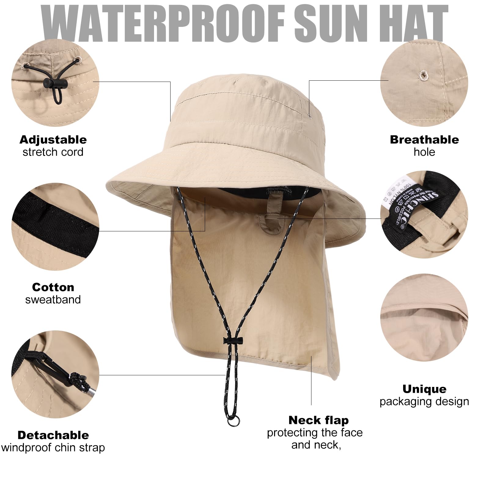 Waterproof Sun Rain Hat for Women Wide Brim UPF50+ UV Protection Packable Men Bucket Safari Fishing Hat with Neck Flap