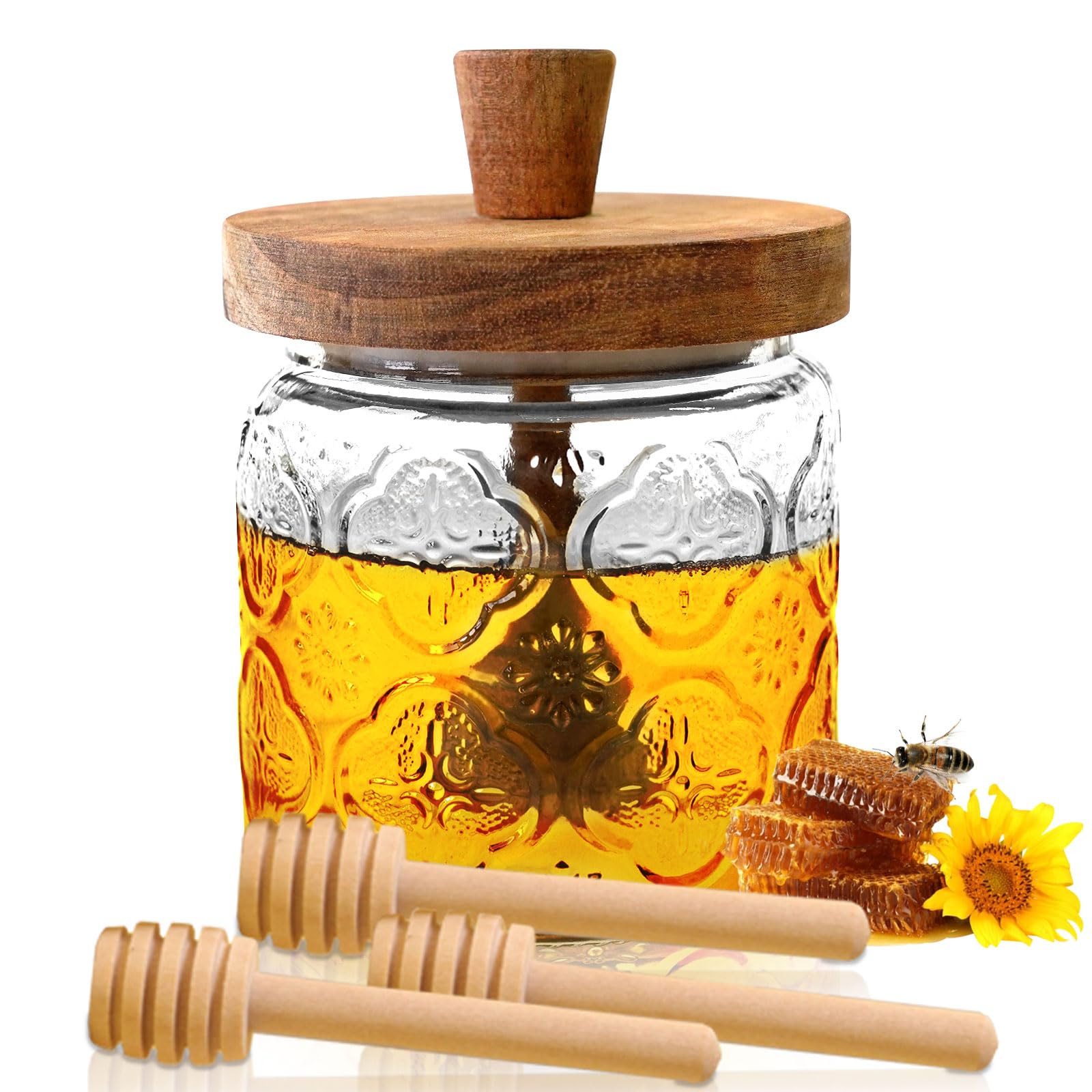 Glass Honey Dispenser No Drip with 3 Wooden Dippers, 18 Oz Oversize Glass Honey Jar with Lid and Engraved Wooden Honey Trowel-Jar Set Honey Pot/Containers with Wooden Honey Dipper Thank You Gift