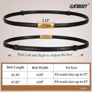 LEACOOLKEY 2 Pack Women Skinny Leather Belts Ladies Vintage Gold Buckle Thin Waist Belts for Dresses Black+Brown