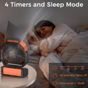 Camping Fan with Light - 20000mAh Rechargeable Battery Fan, 112Hrs Max Run Time, 9 Speeds, Digital Display, Timer, Auto Oscillation, 270° Pivot & Hook for Camping, Power Outage, Hurricane (Orange)