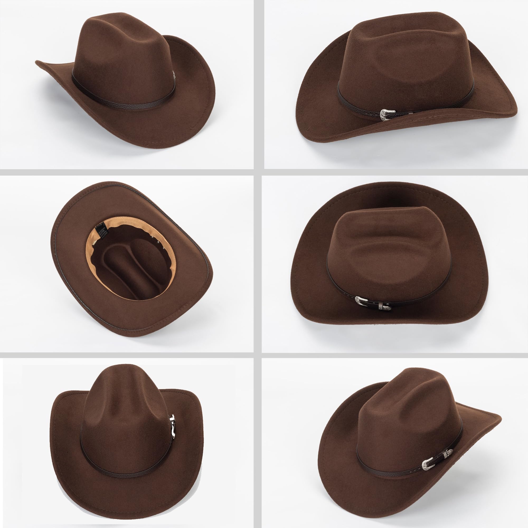 Felt-Fedora Western-Cowboy-Hat for Women-Men with Gus-Buckle-Belt Bling-Rhinestone Rolled-Up Brown Jazz Retro Panama Rodeo-Cowgirl-Hats M