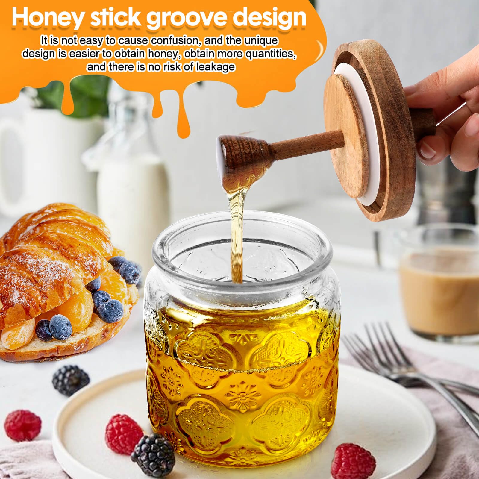 Glass Honey Dispenser No Drip with 3 Wooden Dippers, 18 Oz Oversize Glass Honey Jar with Lid and Engraved Wooden Honey Trowel-Jar Set Honey Pot/Containers with Wooden Honey Dipper Thank You Gift