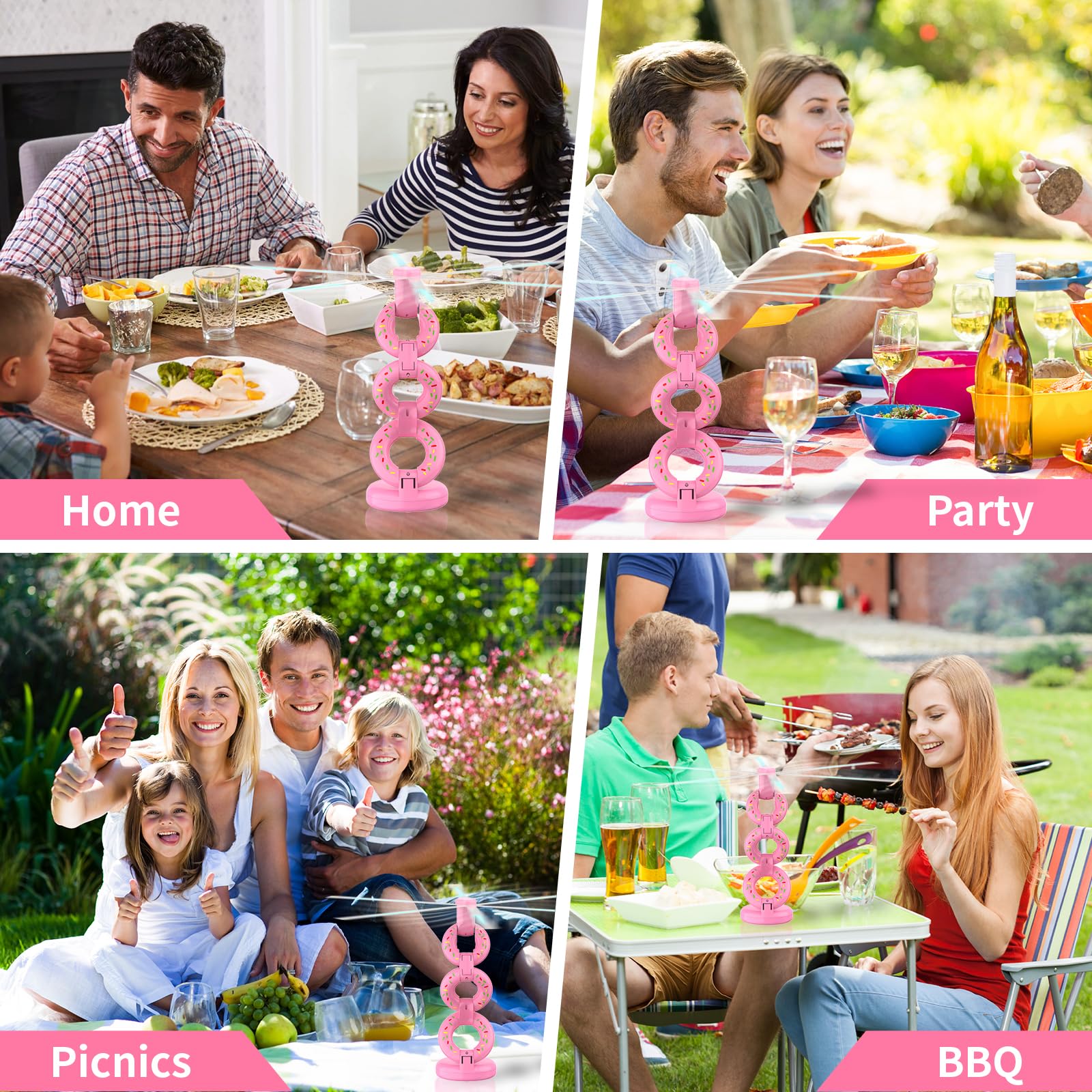 Eggkiss Portable Food Fans, Foldable Donut Fans for Food Tables, Outdoor Picnic Fan with Holographic Blades, Battery Powered Hangable Food Spinning Fan for Party, BBQ, Picnic (Pink,3 Pack)