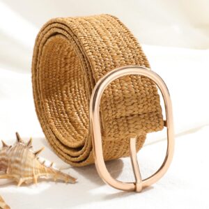 XZQTIVE Straw Woven Belt for Women Stretch Elastic Braided Waist Belt Fashion Boho Dress Belt Raffia Belt,brown