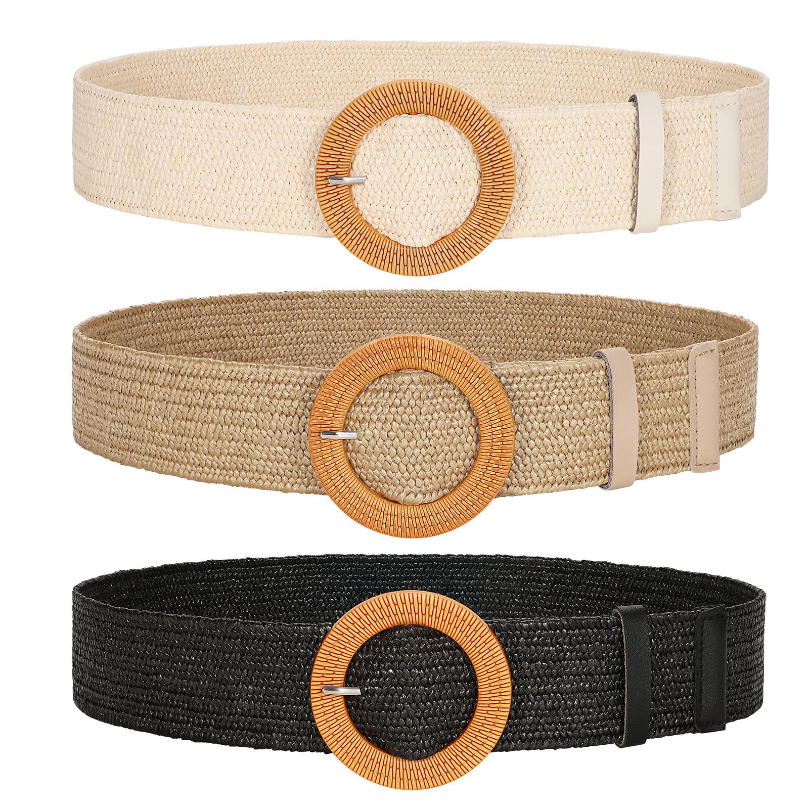 JASGOOD 3 Pack Women Straw Woven Elastic Belts Wide Stretch Raffia Waist Belt for Summer Dress