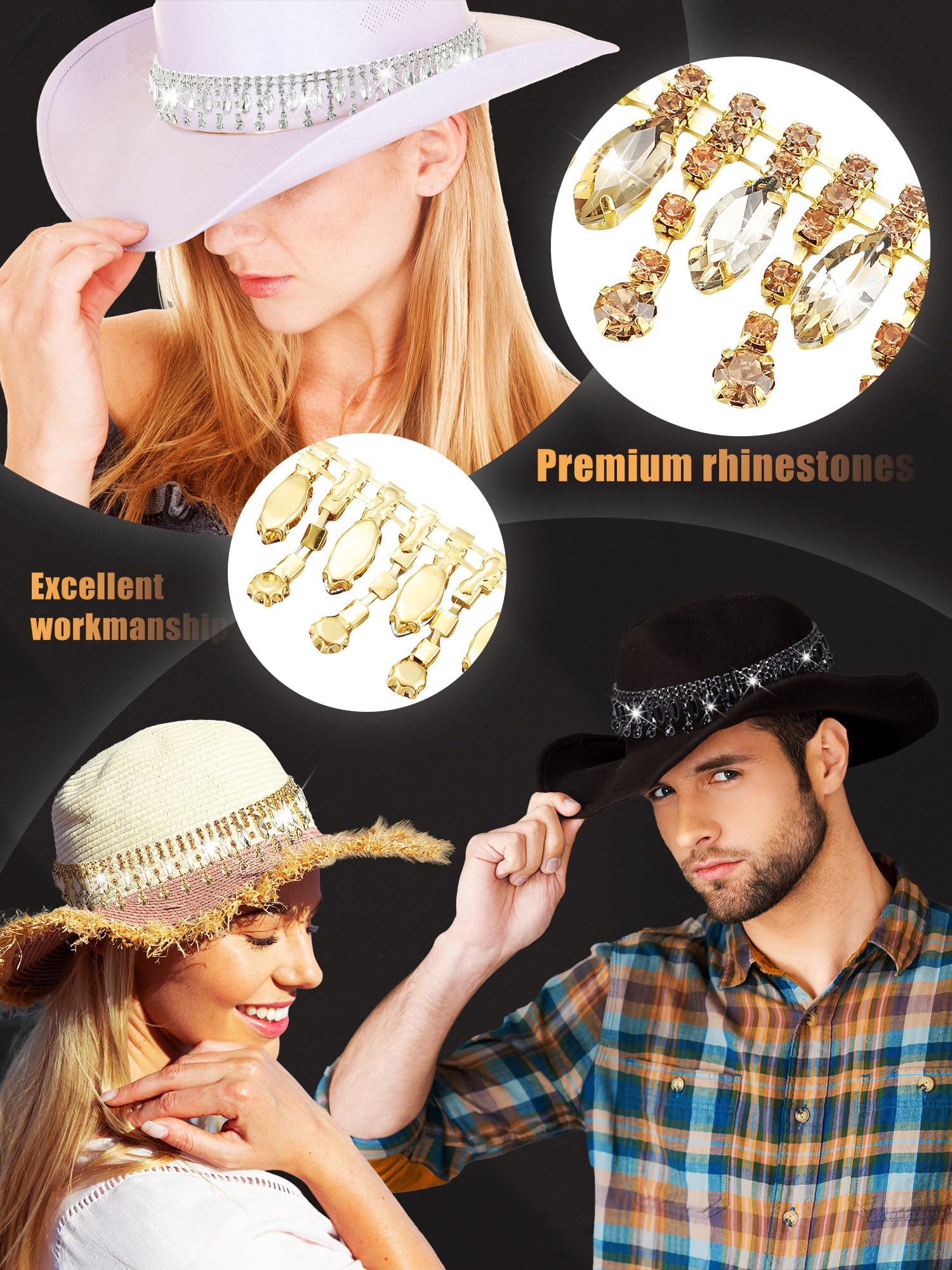 Cutecrop 3 Pcs Rhinestone Fringe Cowboy Hat Band for Men Women Adjustable Hat Belt Bling Western Style Hat Accessories