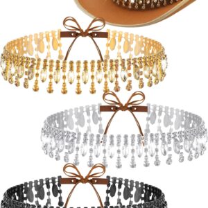 Cutecrop 3 Pcs Rhinestone Fringe Cowboy Hat Band for Men Women Adjustable Hat Belt Bling Western Style Hat Accessories