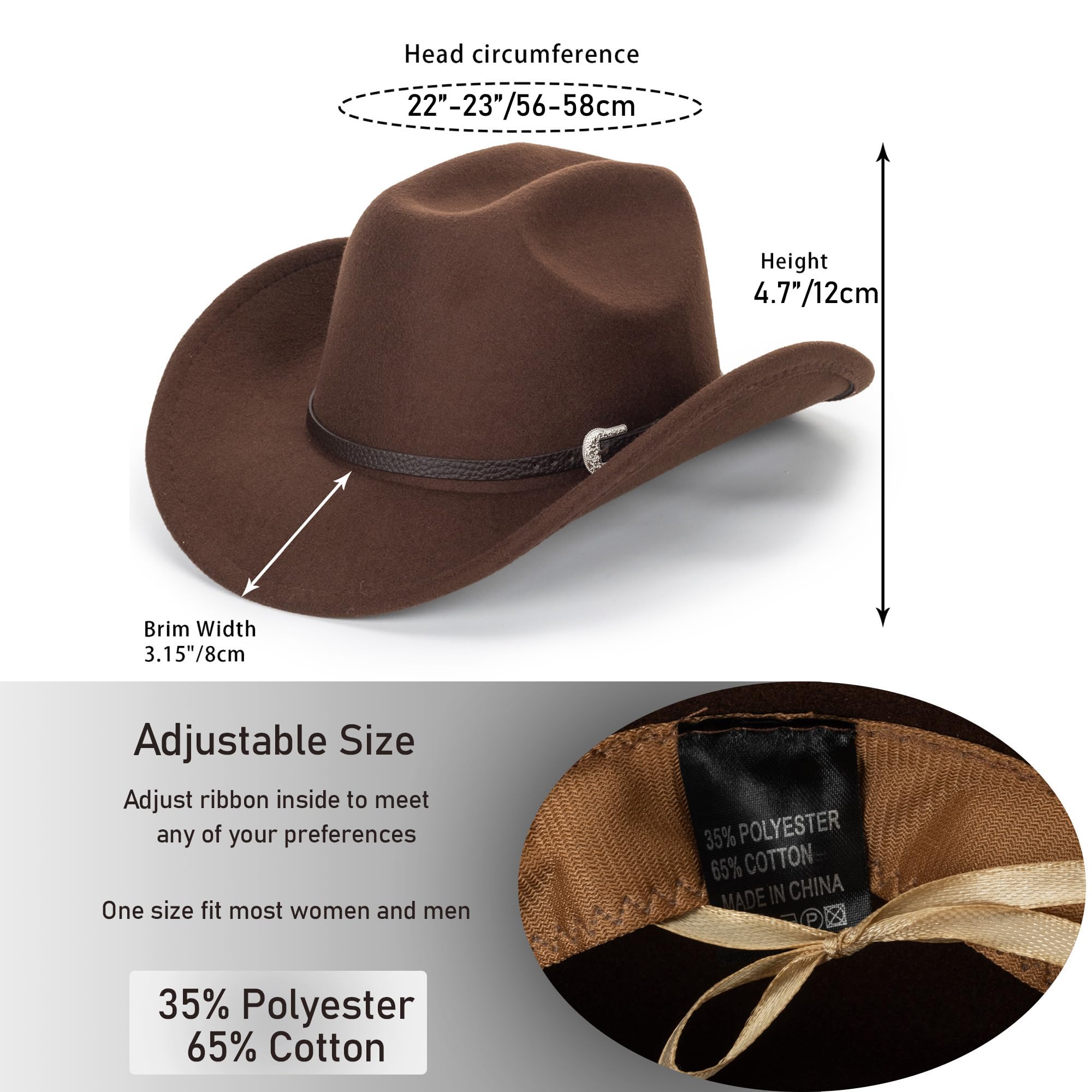 Felt-Fedora Western-Cowboy-Hat for Women-Men with Gus-Buckle-Belt Bling-Rhinestone Rolled-Up Brown Jazz Retro Panama Rodeo-Cowgirl-Hats M