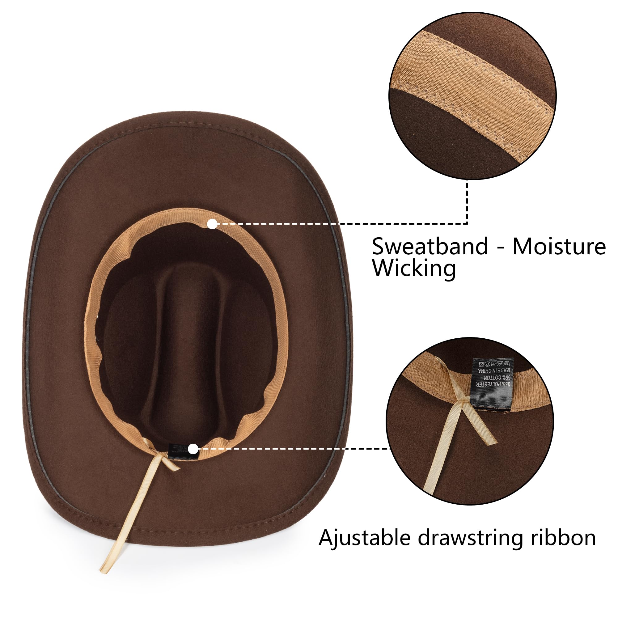 Felt-Fedora Western-Cowboy-Hat for Women-Men with Gus-Buckle-Belt Bling-Rhinestone Rolled-Up Brown Jazz Retro Panama Rodeo-Cowgirl-Hats M