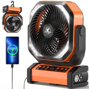 camping fan with light - 20000mah rechargeable battery fan, 112hrs max run time, 9 speeds, digital display, timer, auto oscillation, 270° pivot & hook for camping, power outage, hurricane (orange)