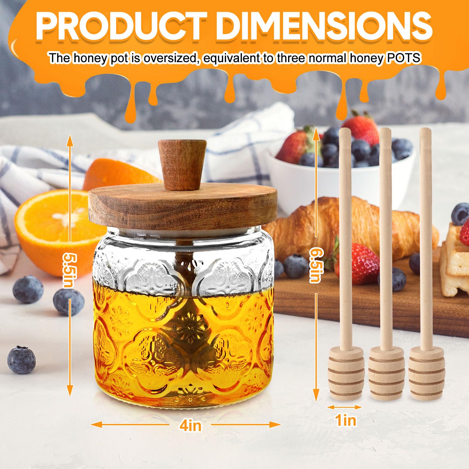 Glass Honey Dispenser No Drip with 3 Wooden Dippers, 18 Oz Oversize Glass Honey Jar with Lid and Engraved Wooden Honey Trowel-Jar Set Honey Pot/Containers with Wooden Honey Dipper Thank You Gift