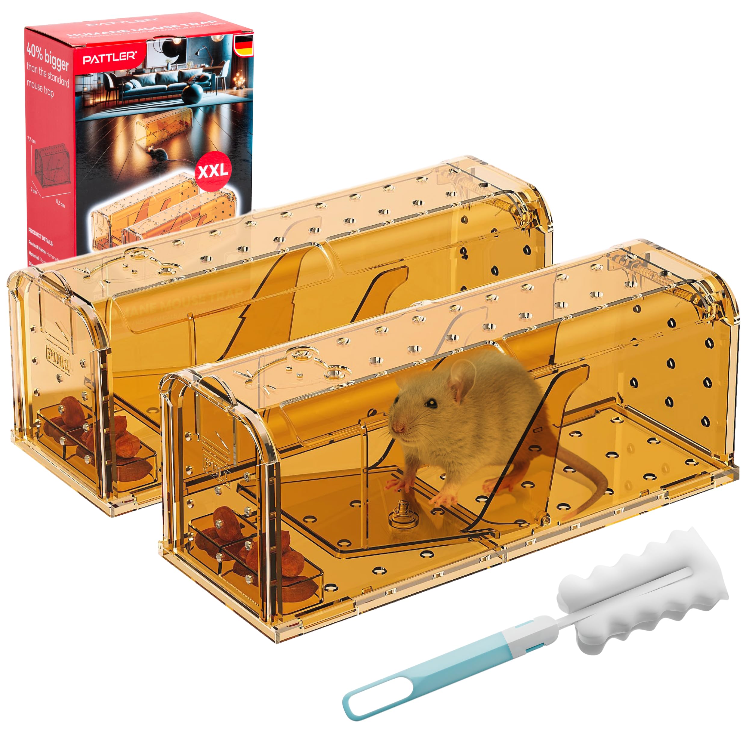 PATTLER® | 2 New Large Humane Mouse Trap for Indoor and Outdoor Home | Mechanical Reusable Live Mouse Traps Catch and Release Mice from Garden, Garage, Attic, Inn, Hotel | Orange | Pack of 2