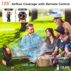 Camping Fan with Light - 20000mAh Rechargeable Battery Fan, 112Hrs Max Run Time, 9 Speeds, Digital Display, Timer, Auto Oscillation, 270° Pivot & Hook for Camping, Power Outage, Hurricane (Orange)