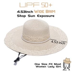 Harikery Womens Sun Straw hat Wide Brim UPF 50+ Packable Foldable Summer Beach hat for Women with Wind Lanyard Cream