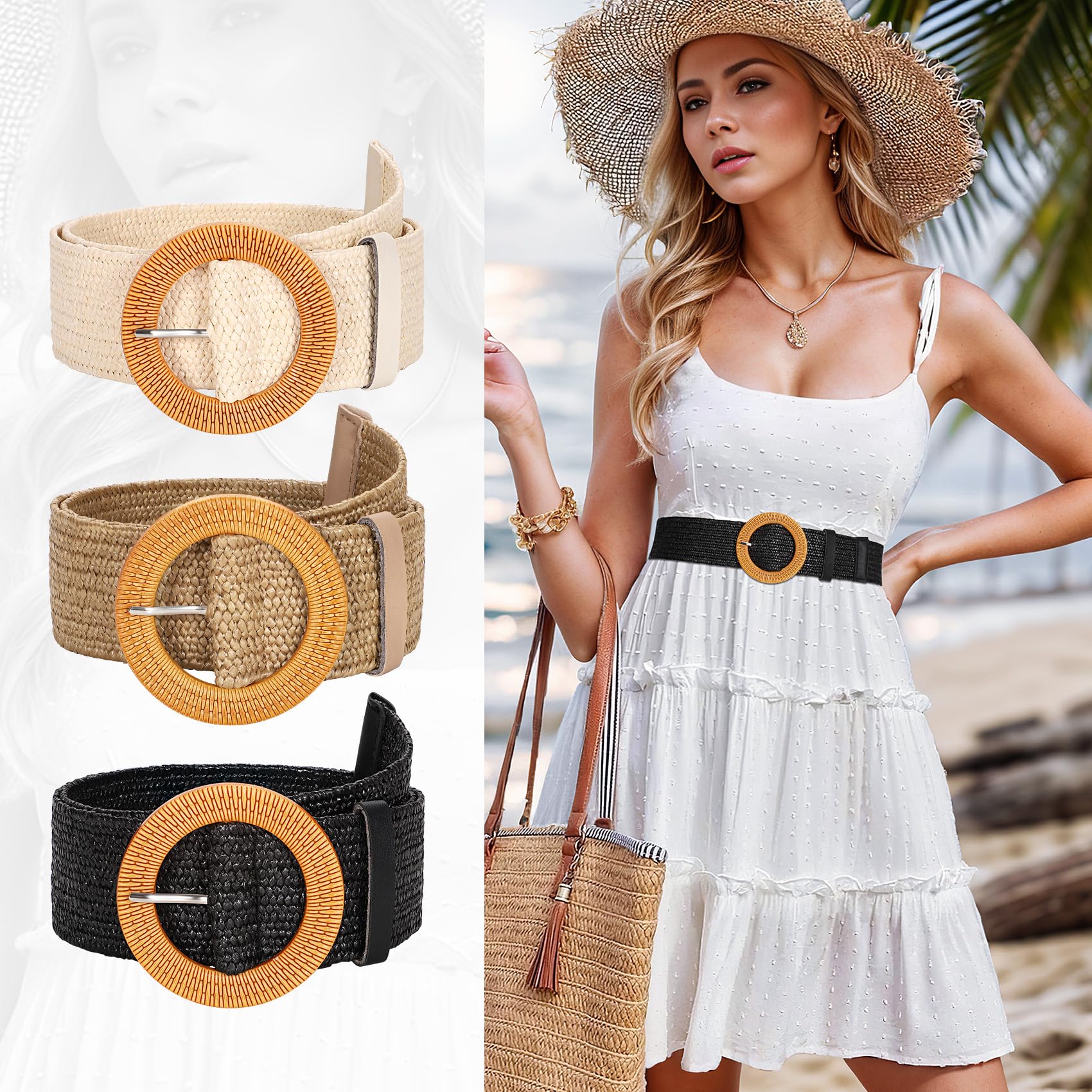 JASGOOD 3 Pack Women Straw Woven Elastic Belts Wide Stretch Raffia Waist Belt for Summer Dress