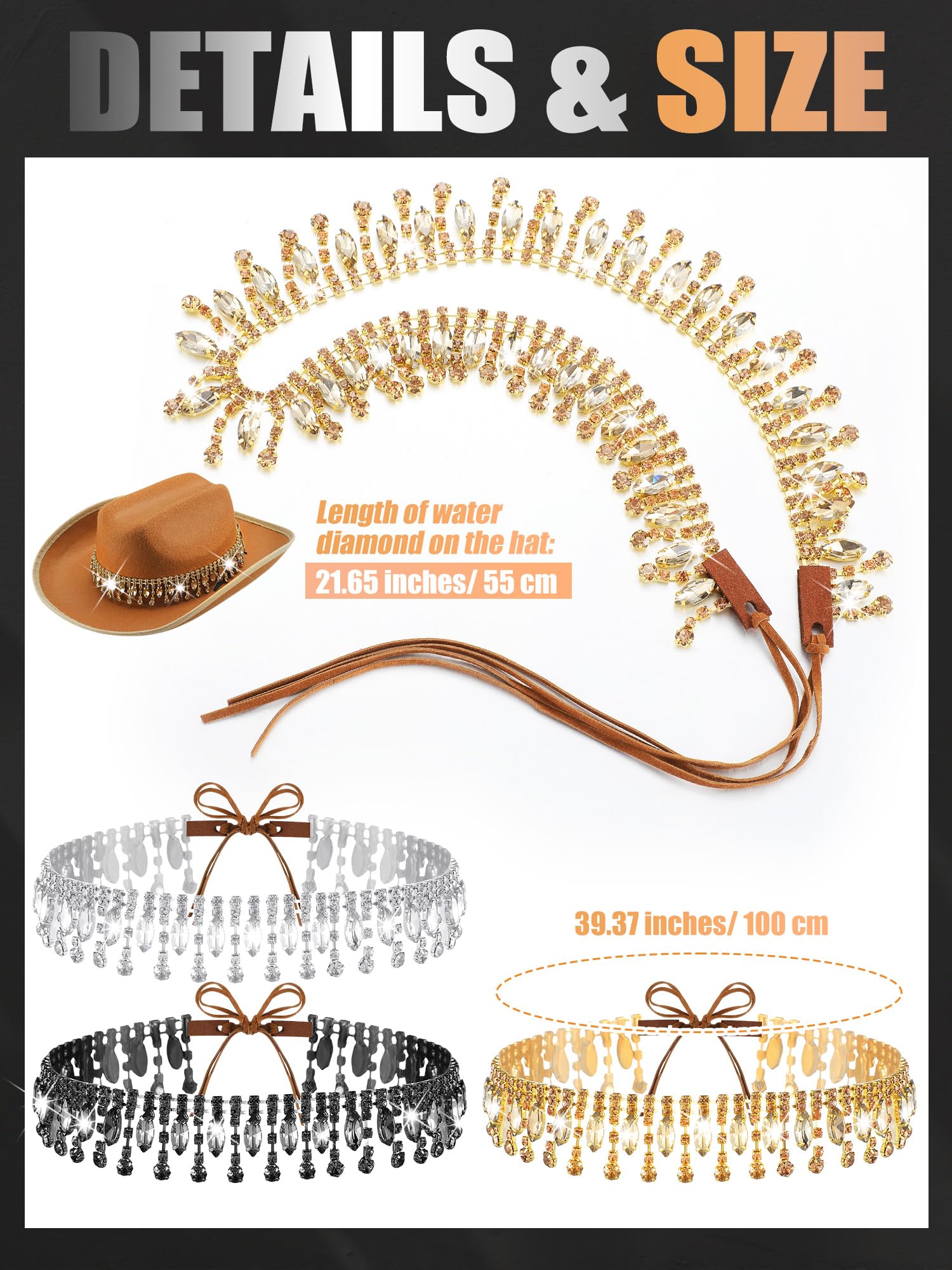 Cutecrop 3 Pcs Rhinestone Fringe Cowboy Hat Band for Men Women Adjustable Hat Belt Bling Western Style Hat Accessories