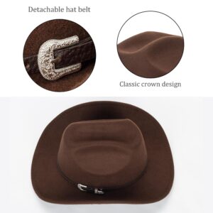 Felt-Fedora Western-Cowboy-Hat for Women-Men with Gus-Buckle-Belt Bling-Rhinestone Rolled-Up Brown Jazz Retro Panama Rodeo-Cowgirl-Hats M