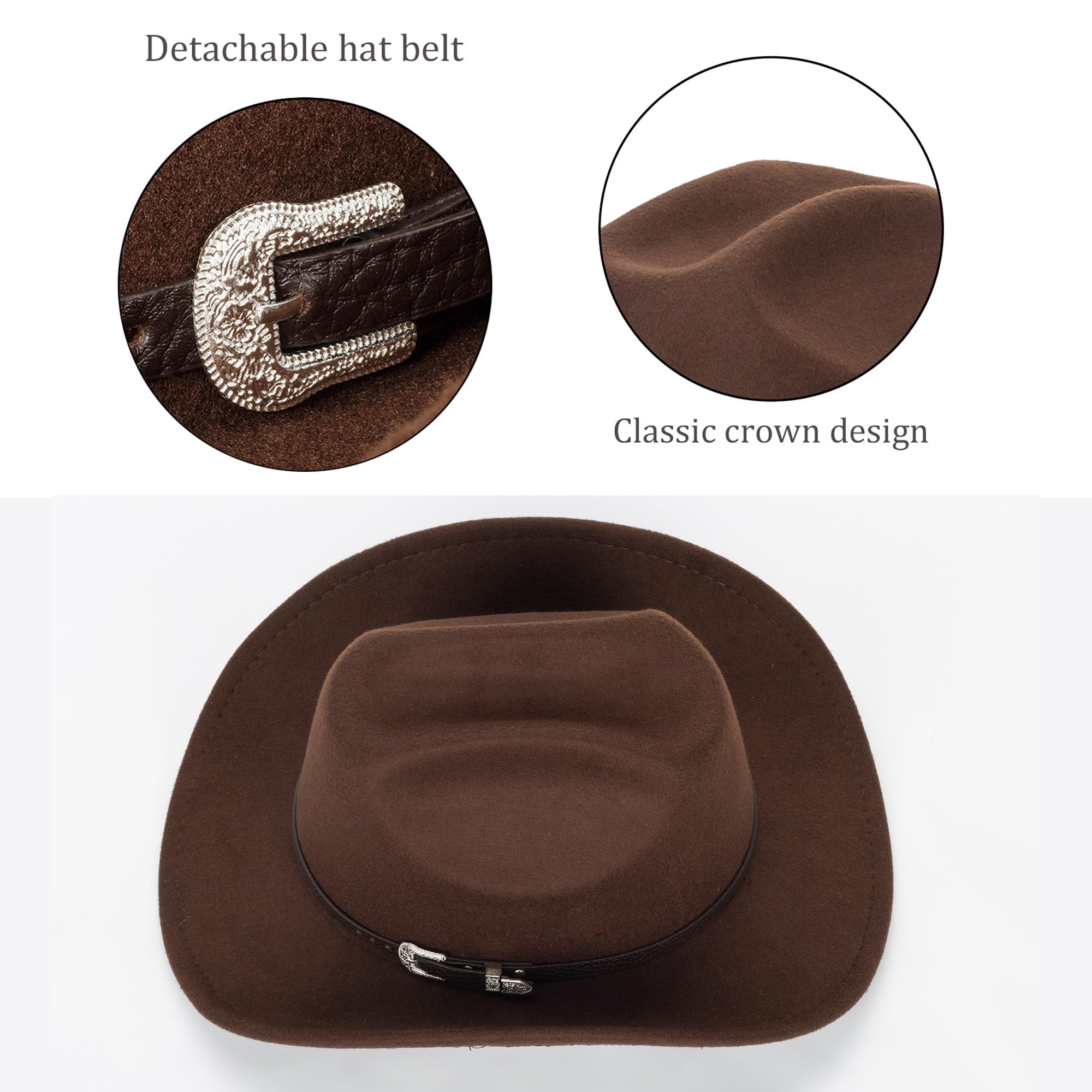 Felt-Fedora Western-Cowboy-Hat for Women-Men with Gus-Buckle-Belt Bling-Rhinestone Rolled-Up Brown Jazz Retro Panama Rodeo-Cowgirl-Hats M