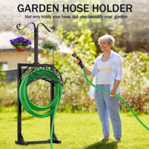 Jvgoo Garden Hose Holder for Outside - Upgraded Water Hose Holders with 5 Spikes & 2 Shepherds Hooks, Freestanding Garden Hose Stand Heavy Duty Hose Hanger Hose Storage Hose Reel Rack for Yard Lawn