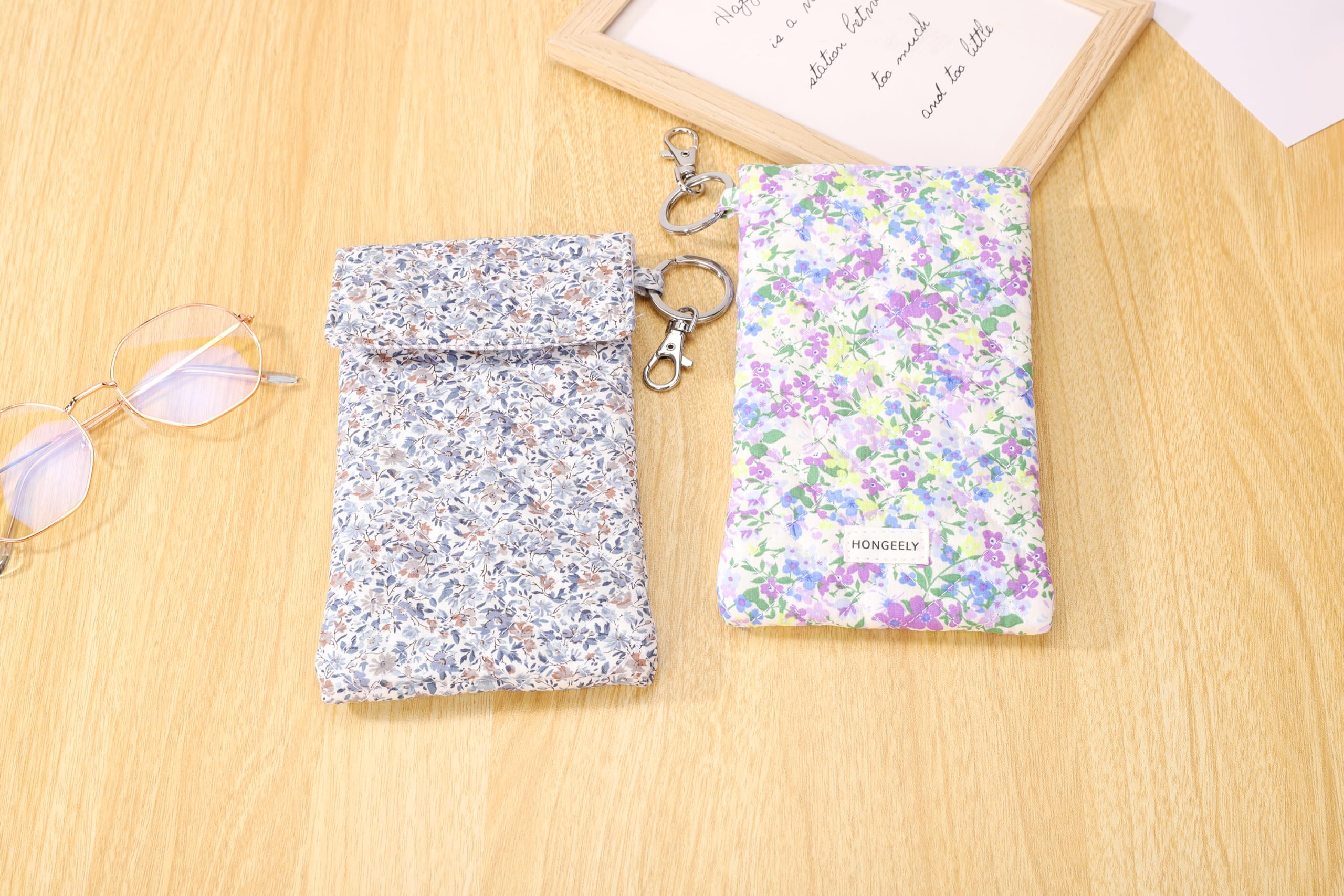 Hongeely Soft Glasses Case Double Eyeglass Case Sunglasses Travel Pouch for Women Men with Key Chain (Floral pattern - Grayish blue)