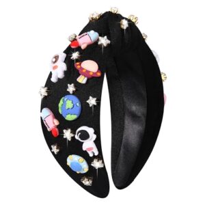 mokkia space astronaut headbands for women saturn planet rocket spaceman headband jeweled rhinestone star knotted headband celestial explorer space hair accessories gifts (pattern a)