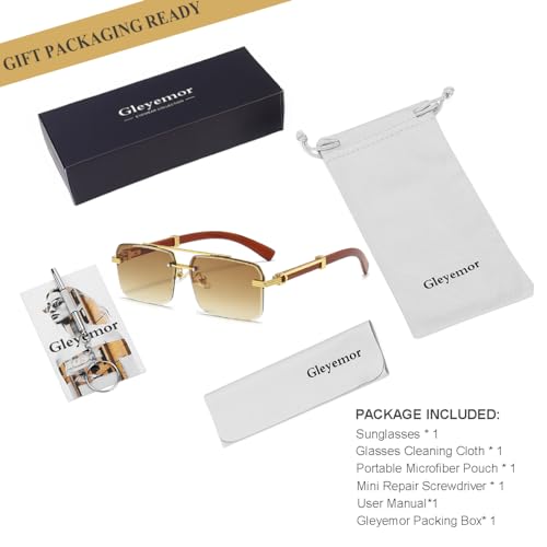 Gleyemor Mens Sunglasses Fashion Rimless Rectangle Sunglasses Square Frameless Sunglasses for Men (Gold/Gradient Brown)