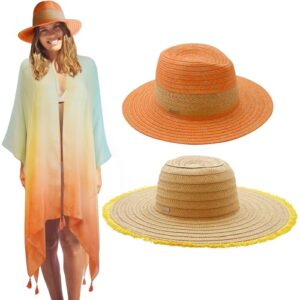 nicole miller women's 2 sun beach coverup, straw hat & duster-sunset, standard