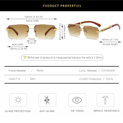 Gleyemor Mens Sunglasses Fashion Rimless Rectangle Sunglasses Square Frameless Sunglasses for Men (Gold/Gradient Brown)