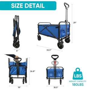 Collapsible Foldable Wagon, Beach Cart Large Capacity, Heavy Duty Folding Wagon Portable, for Outdoor Sports, Shopping, Camping, Blue