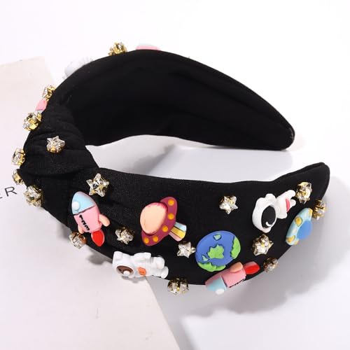 mokkia Space Astronaut Headbands for Women Saturn Planet Rocket Spaceman Headband Jeweled Rhinestone Star Knotted Headband Celestial Explorer Space Hair Accessories Gifts (Pattern A)