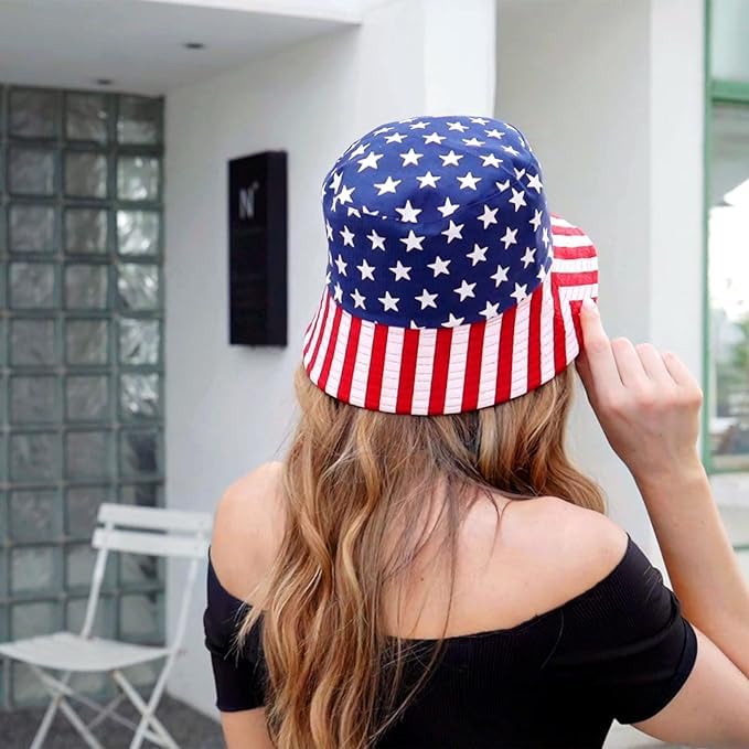 RainFlowwer American Flag Bucket Hat 4th July Hat Fisherman Independences Days Hats for Women Men Boys Girls Sun Beach Cap Travel Summer Packable Fashion