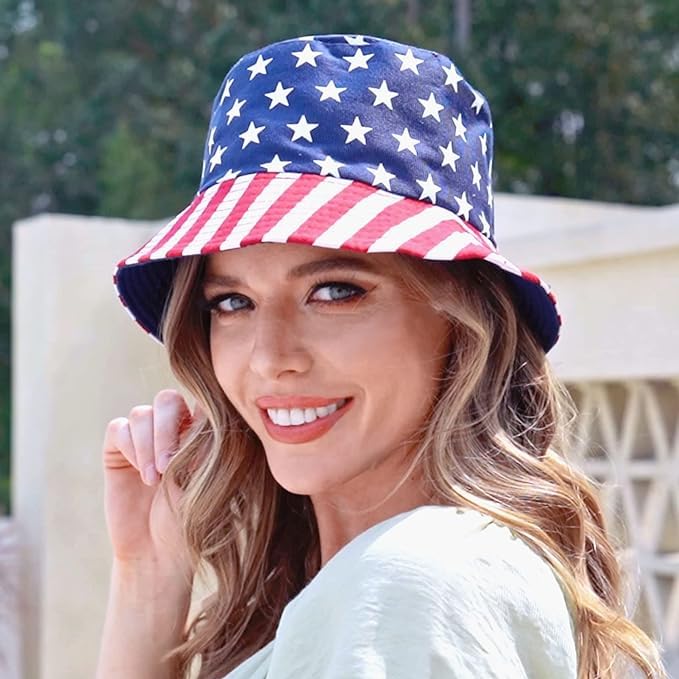 RainFlowwer American Flag Bucket Hat 4th July Hat Fisherman Independences Days Hats for Women Men Boys Girls Sun Beach Cap Travel Summer Packable Fashion