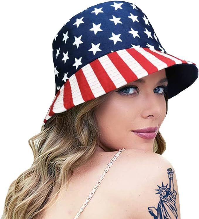 RainFlowwer American Flag Bucket Hat 4th July Hat Fisherman Independences Days Hats for Women Men Boys Girls Sun Beach Cap Travel Summer Packable Fashion