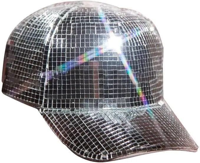 Disco Ball Baseball Hat Women Men Sparkly Glitter Space Hat Silver Mirror Cowgirl Cap for Wedding Costume Cosplay Party