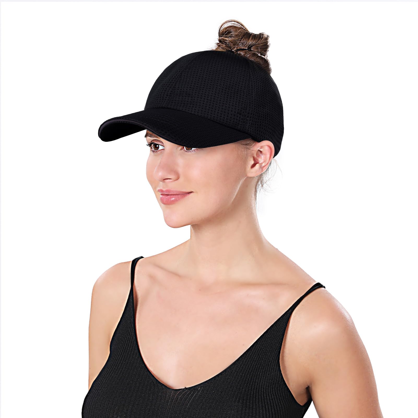 Criss Cross Hat High Ponytail Baseball Caps for Women with Reflective Trim, Lightweight Mesh Performance Running Cap Black