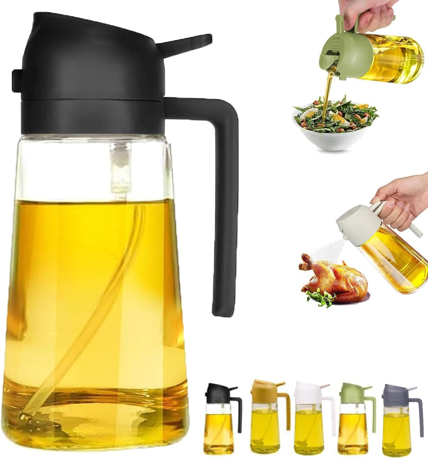 Generic 2024 Upgrade 600ml/20oz 2-in-1 Glass Injector & Dispenser Large Olive Oil Dispenser Bottle for Cooking, Air Fryer, Frying, Grilling (Black, 470ml)