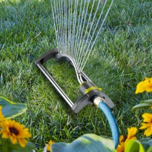 Lawn Sprinkler, Metal Oscillating Sprinkler with Brass Nozzles, Water Sprinkler for Lawn Covers up to 3,600 Ft, Includes Spray Jet Cleaning Needle, Grey