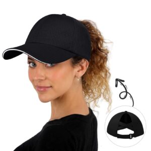 criss cross hat high ponytail baseball caps for women with reflective trim, lightweight mesh performance running cap black