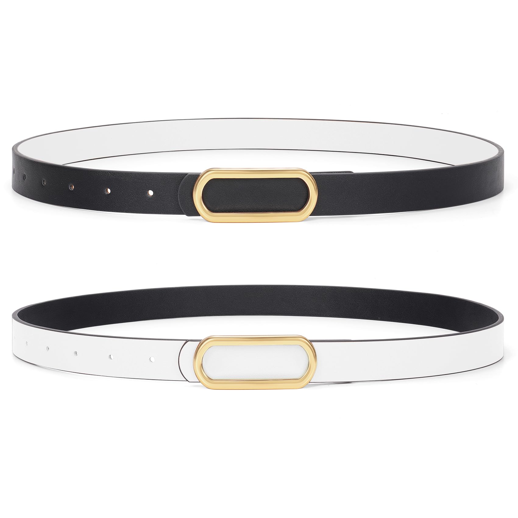 Waist Wow Skinny Belts for Women Thin Reversible Leather Belt for Dresses Jeans Pants with Gold Silver Buckle,1 Pack,black/white 43"