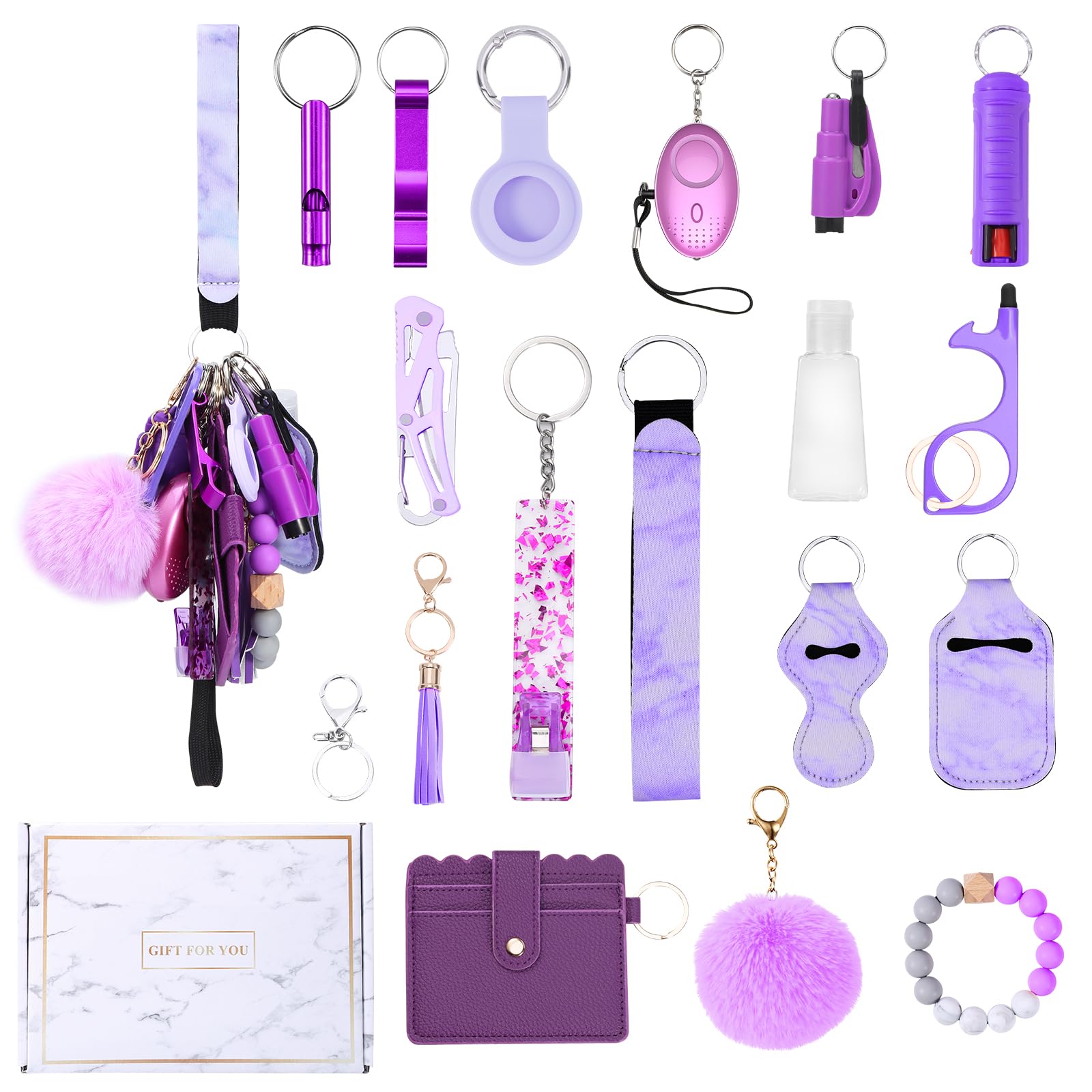 Ankilo Newest Newest Safety Keychain Set for Women, Safety Keychain Accessories, Bracelet Wristlet Keyring for Girls with Personal Alarm, No Touch Door Opener, Whistle and Pompom (Purple)