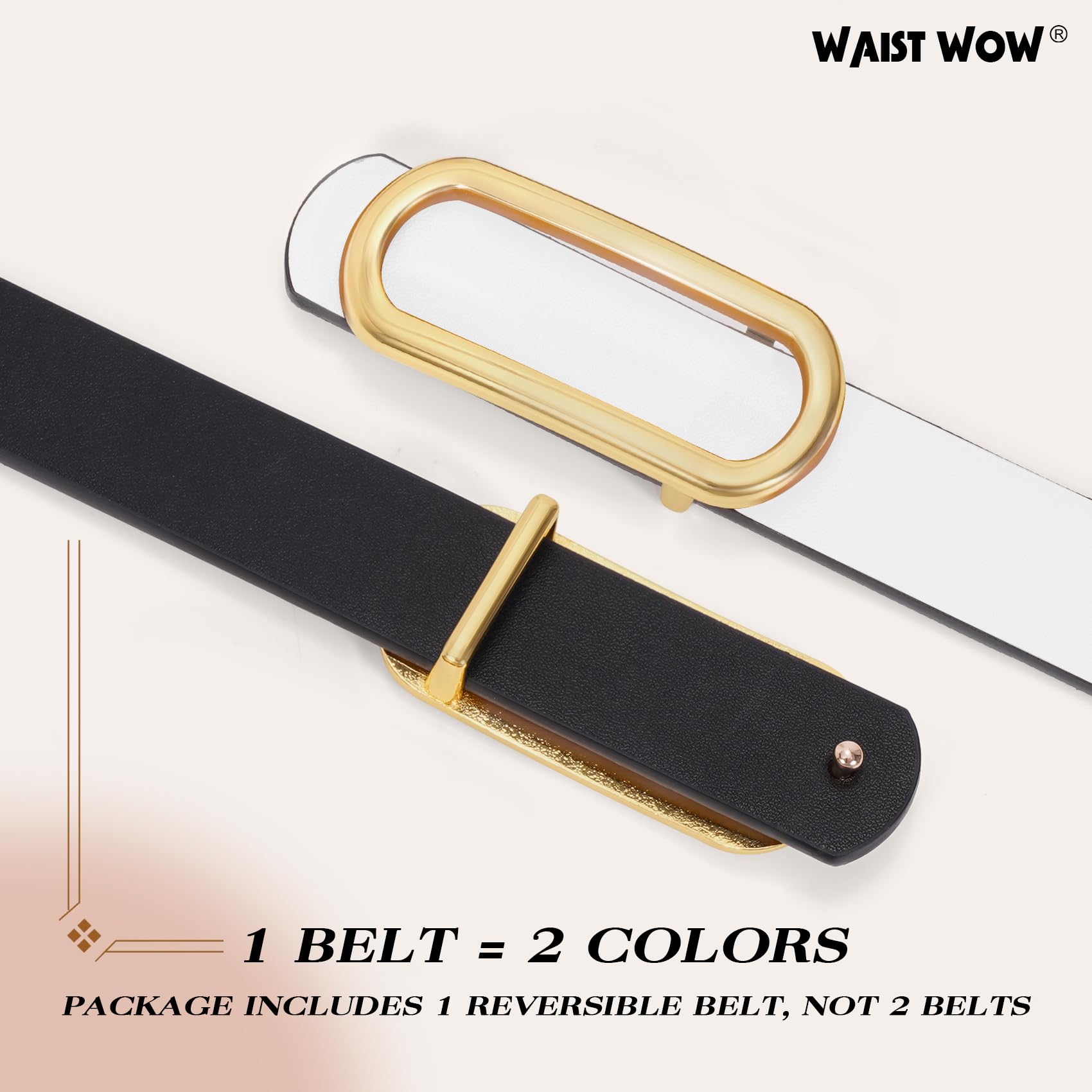 Waist Wow Skinny Belts for Women Thin Reversible Leather Belt for Dresses Jeans Pants with Gold Silver Buckle,1 Pack,black/white 43"