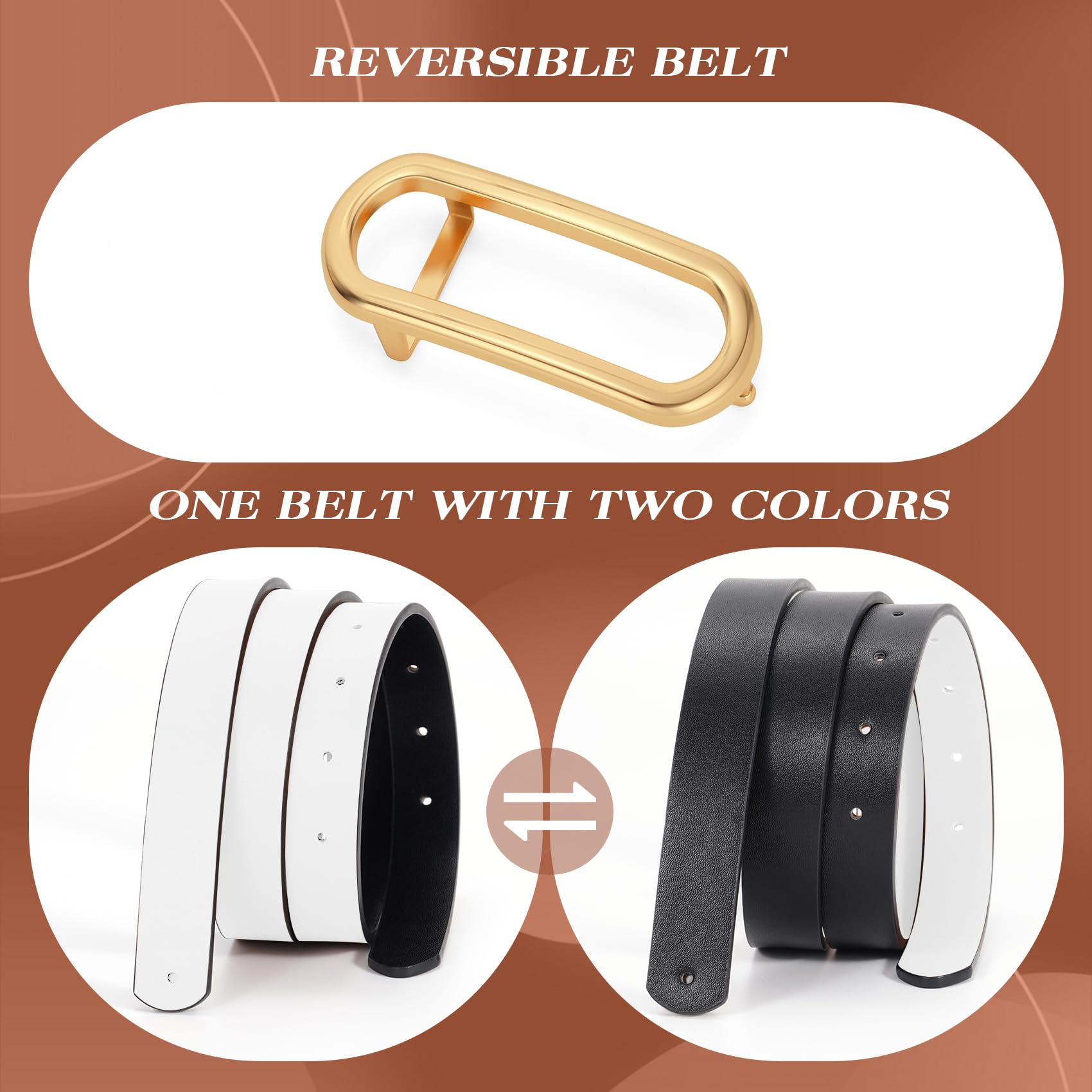 Waist Wow Skinny Belts for Women Thin Reversible Leather Belt for Dresses Jeans Pants with Gold Silver Buckle,1 Pack,black/white 43"