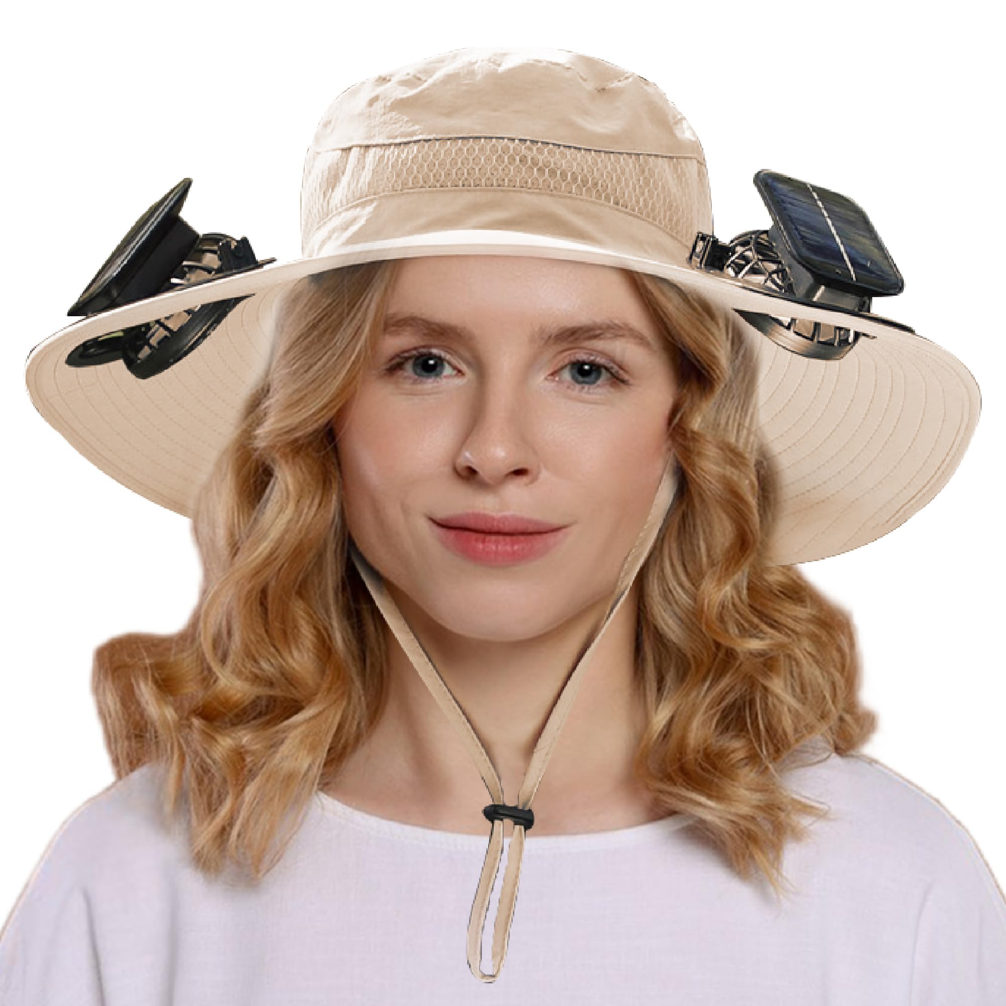 Outdoor Wide Brim Sun Hat with Solar Fan, Wide Brim Solar Fan Outdoor Fishing Hat, Solar Fan Hat for Men Women with 2 Fan (Khaki)