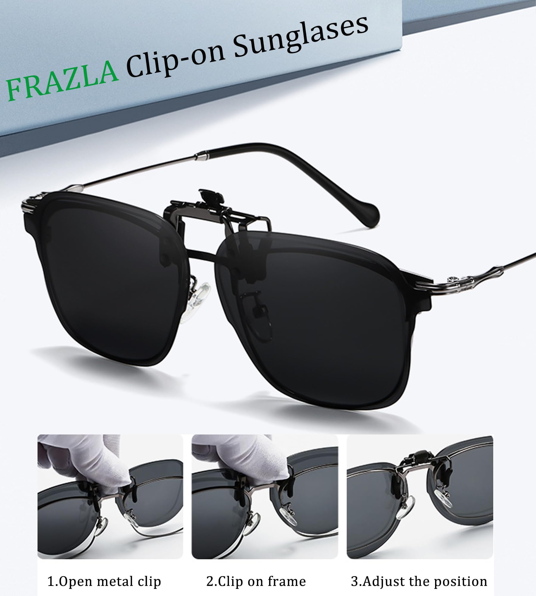 FRAZALA Polarized Clip on Sunglasses for Men Women over Prescription Glasses UV Protection Anti Glare Flip-up Clip-on Sun Shades (Black Lens/Grey Vision)