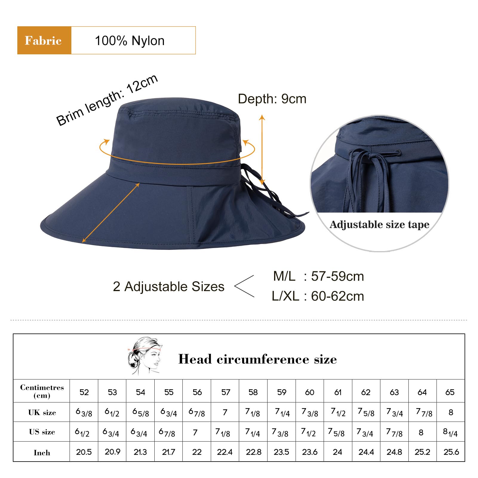 TOP-EX XL Sun Hats for Women SPF 50 Wide Brim Summer Hatsfor Ladies Waterproof Gardening Hiking Hat with Ponytail Hole & Neck Cover Packable Adjustable Medium Navy Blue